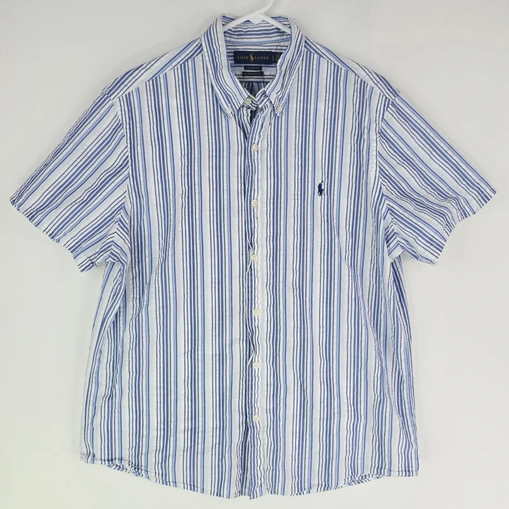 Polo Ralph Lauren Classic Fit RL Untucked Men Large Blue White Stripe Short Slee
